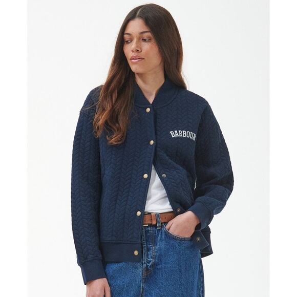 BARBOUR Oversized Chesil Overlay Quilted Jacket Snap Button Navy Blue Size 4 - Picture 2 of 12